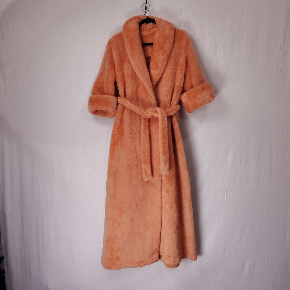 Vtg 60s/70s High Pile Shag Orange Sherbet Robe M Half Slv Belted Cozy One Pocket